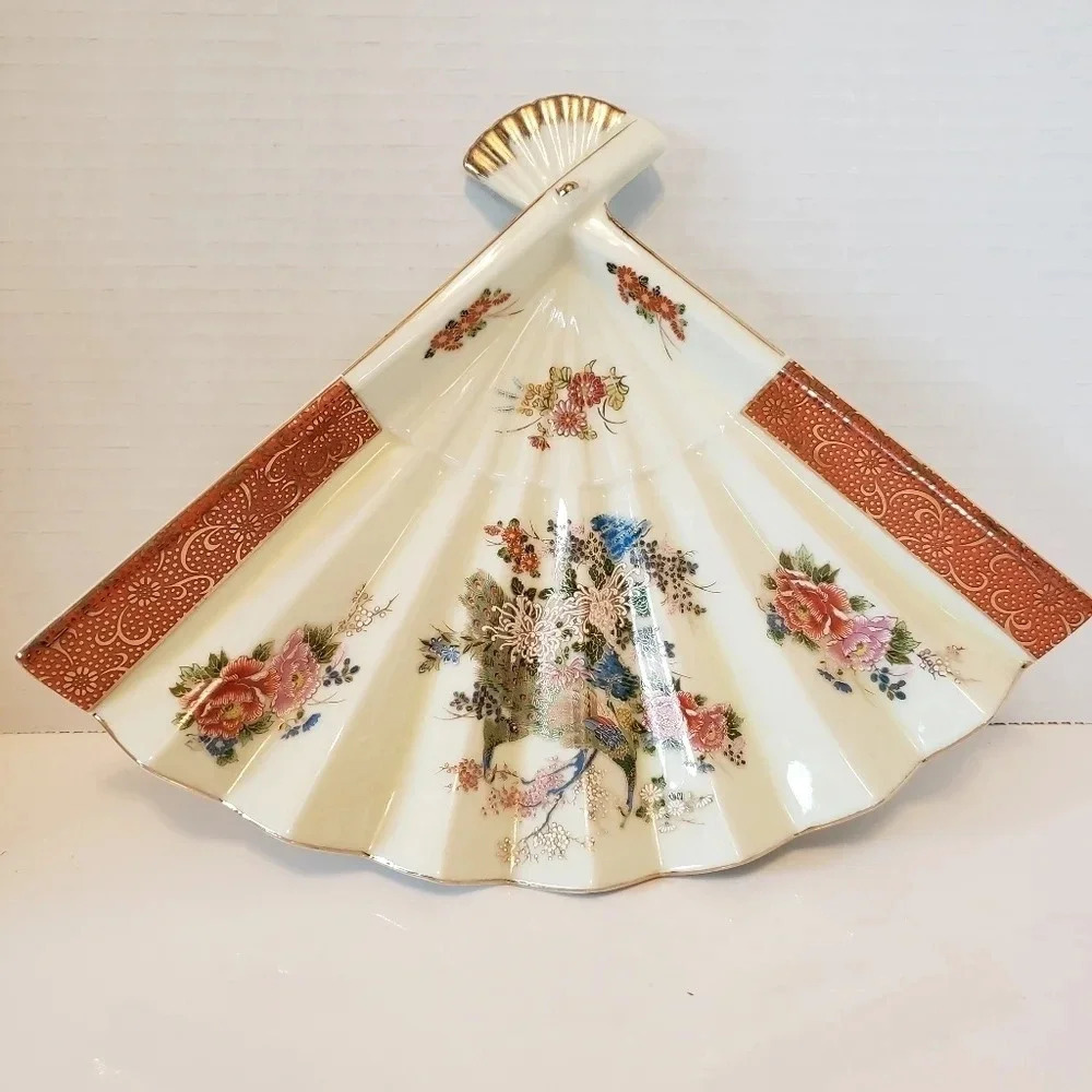 Vintage Asian Handpainted Fan Trinket Dish Floral/Peacock.